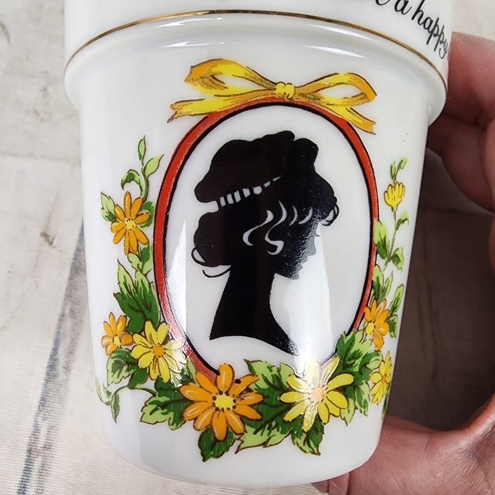 Vintage Enesco Japan Mini Flowerpot Planter Silhouette Floral Framed White 3.5" - Picture 12 of 12